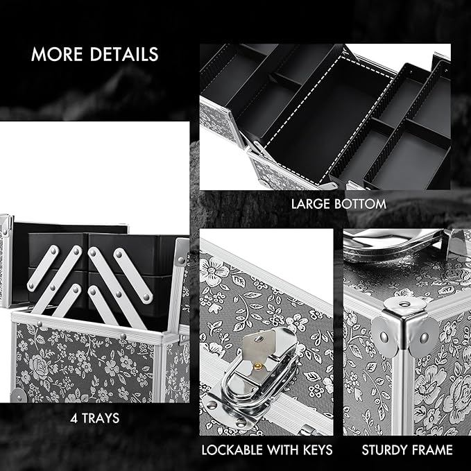 Frenessa Makeup Case Makeup Box Cosmetic Organizer Case Portable Make Up Travel Case Storage Box 4 Trays with Dividers Lockable Hard Train Case Nail Tech Supply Storag Silver Floral