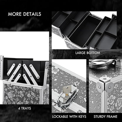Frenessa Makeup Case Makeup Box Cosmetic Organizer Case Portable Make Up Travel Case Storage Box 4 Trays with Dividers Lockable Hard Train Case Nail Tech Supply Storag Silver Floral