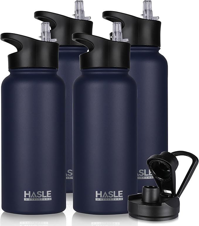 HASLE OUTFITTERS 32 oz Insulated Water Bottle Stainless Steel Double Walled Vacuum Sports Water Bottle with 2 Lids (Straw and Spout Lid) for Gym Camping Hiking(Navy,4)