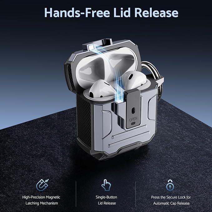 DASFOND Armor Cover AirPods 2nd & 1st Generation Case, Military Grade Full Body Shockproof Protection Hard Case, Support Wireless Charging with Keychain, Magnetic Lid, Front LED Visible, Silver