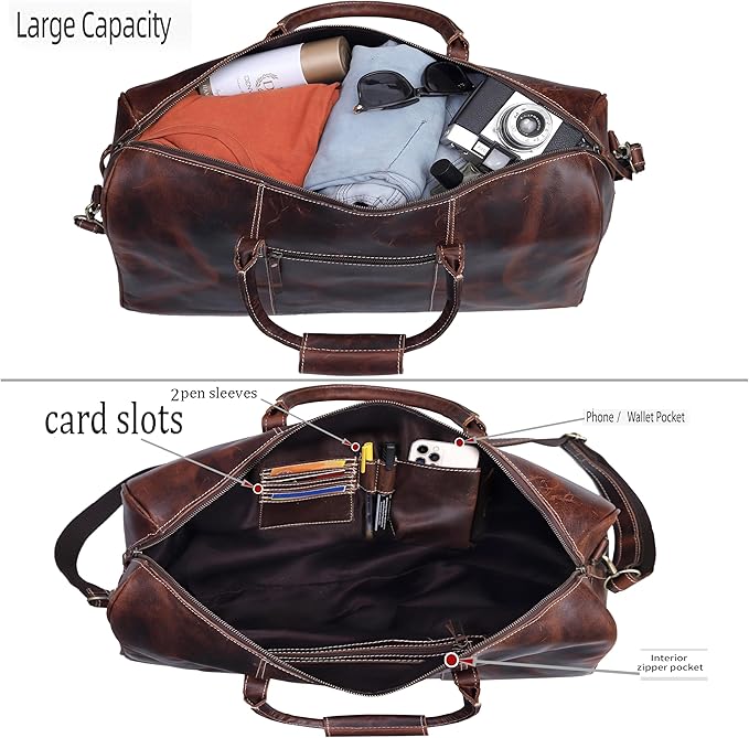 21 Inch Genuine Buffalo Leather Travel Duffle Bag | Overnight Weekend Leather Bag | Sports Gym Duffel for Men| Airplane Under Seat Carry on Bags (brown)