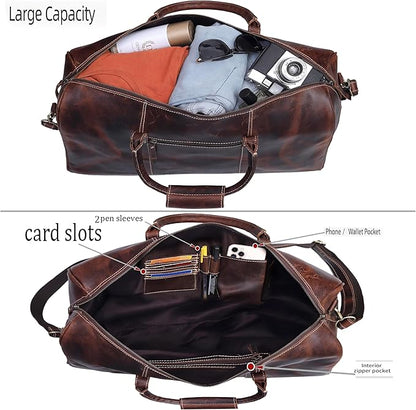 21 Inch Genuine Buffalo Leather Travel Duffle Bag | Overnight Weekend Leather Bag | Sports Gym Duffel for Men| Airplane Under Seat Carry on Bags (brown)