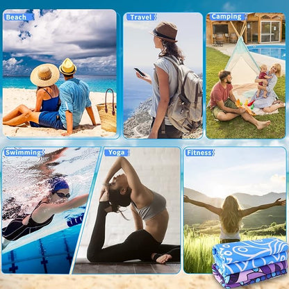 2 Pack Lightweight Thin Beach Towel Oversized 71"x32" Big Extra Large Microfiber Sand Free Towels for Adult Quick Dry Travel Camping Beach Accessories Vacation Essential Gift Blue Shell Flamingo