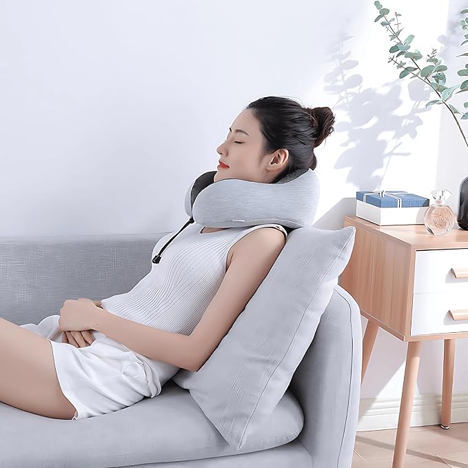 Travel Neck Pillow for Airplane – 100% Pure Memory Foam Neck Support Pillow with Breathable & Washable Cover, Fleight Kit with 3D Contoured Eye Mask, Earplugs & Carry Bag for Comfortable Sleep