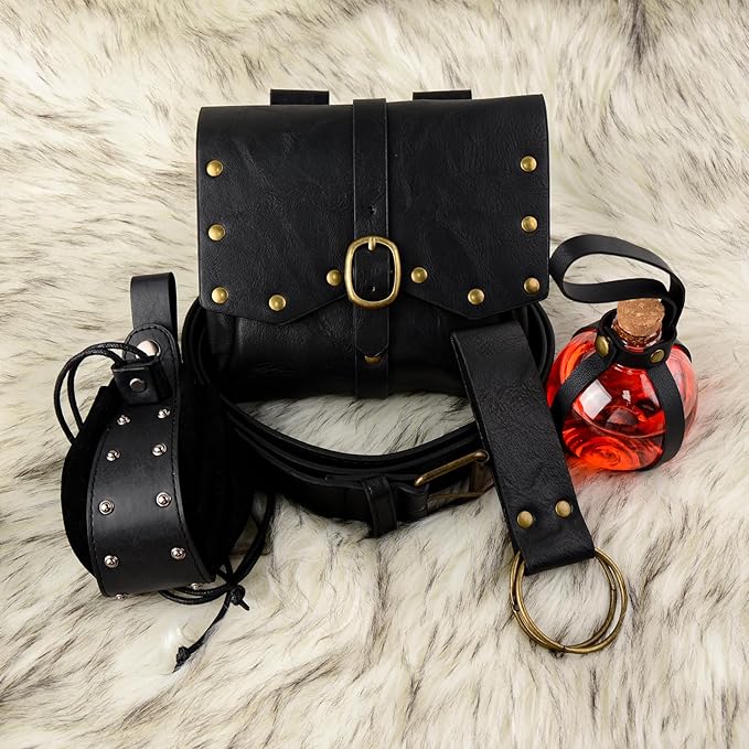 Renaissance Belt Pouch Viking Leather Medieval Belt Waist Bag Pirate Cosplay Festival Halloween Adjustable Accessories (Pouch-Black)