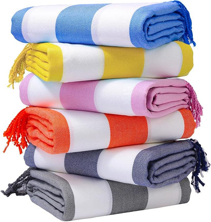 Genovega 6 Packs Oversized Turkish Beach Bath Towel Set Bulk 74"x38" Extra Large Sand Free Quick Dry Swim Camping Pool Clearance Towels Travel Blanket Essentials Adult Royal Red Stripe