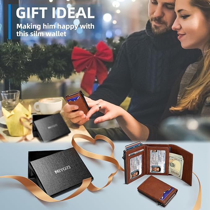 Wallet for Men,with Cash Pocket 2 ID Window 9-13 Cards,Metal Case Smart Slim Pop Up Credit Card Holder Flip with Magnetic Closure RFID Blocking Trifold wallet with Gift Box