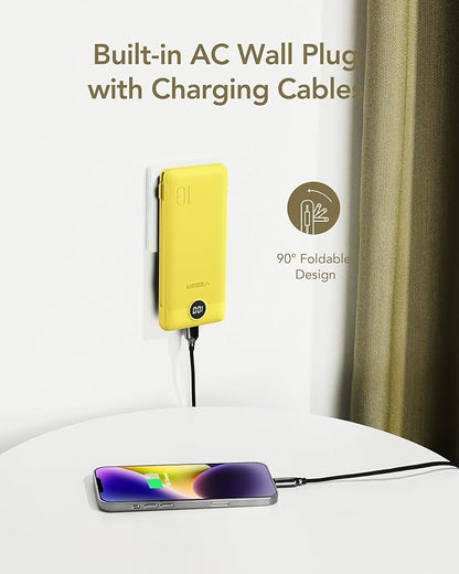 VEGER Portable Charger with Built-in AC Plug and Cables, All in One 10000mAh Ultra Slim Power Bank Travel Essentials, 15W Fast Charging Battery Pack Compatible with iPhone, Samsung, Android (Yellow)
