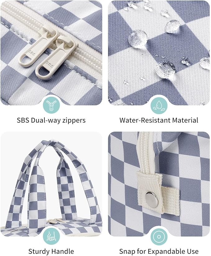 Narwey Travel Toiletry Bag, Wide-open Large Toiletry Bags for Traveling Women, Checkered Travel Bag for Toiletries Cosmetic Makeup Bag Organizer, Skincare Make Up Bag (Greyish Blue Checkerboard)