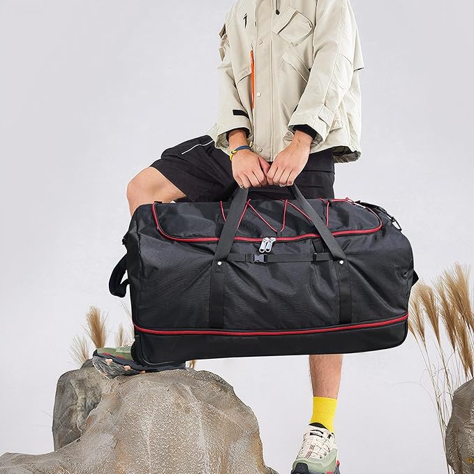 32” 1680D Oxford Foldable Duffle Bag with 2 Wheels,110L to 140L Expandable Soft Sided Rolling Travel Bag,Black-red