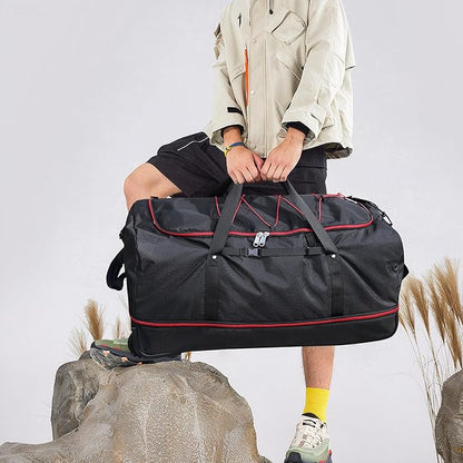 32” 1680D Oxford Foldable Duffle Bag with 2 Wheels,110L to 140L Expandable Soft Sided Rolling Travel Bag,Black-red