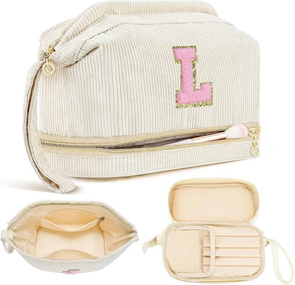 Makeup Bag for Girls Gift, Personalized Christmas Gifts Initial Women Makeup Bag for Travel, Double Layer Cosmetic Bag with Brush Organizer Preppy Make up Bag for Teen Girl Trendy - L