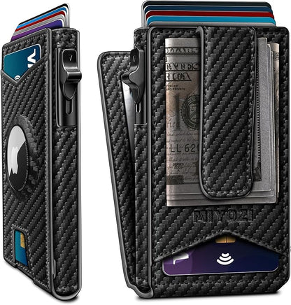 Airtag Wallet for Men,with Money Clip Gift Boxed,Slim Front Pocket Wallet RFID Blocking Metal Case Smart Pop-up Credit Card Holder in Magnetic Leather Flip