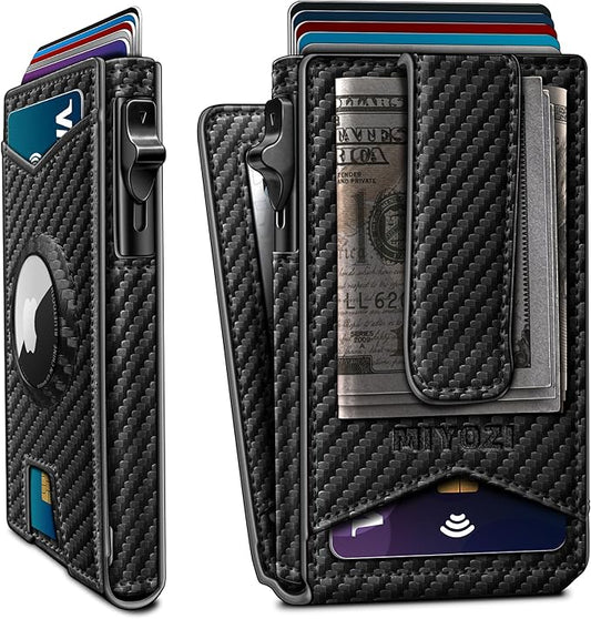 Airtag Wallet for Men,with Money Clip Gift Boxed,Slim Front Pocket Wallet RFID Blocking Metal Case Smart Pop-up Credit Card Holder in Magnetic Leather Flip