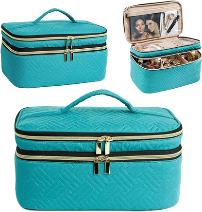 AMOIGEE Large Makeup Bag, Travel Makeup Bag Organizer, Double Layer Train Case Makeup Bag, Toiletry Bag for Makeup Brushes, Full Size Bottles, Palettes Sponge, Cosmetic Organizer