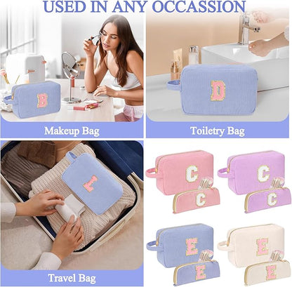 Personalized Initial Makeup Bag Trendy Stuff Corduroy Cosmetic Bag Travel Toiletry Bag, Christmas/Thanksgiving/Halloween Gifts Makeup Organizer Case for Women Girls Mom Girlfriend Wife - Blue