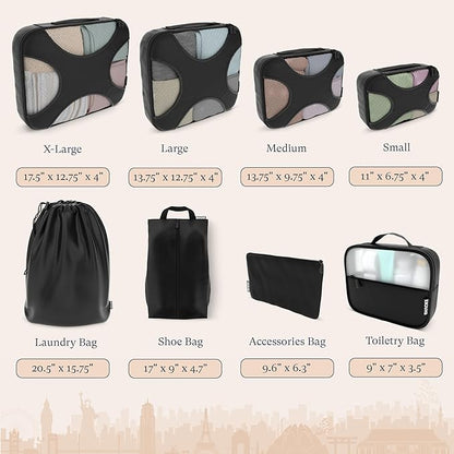 Shacke Premium 8 Packing Cubes Set - Lightweight Mesh Travel Luggage Organizers with Laundry Bag, 8-Piece Suitcase Storage System (Black)