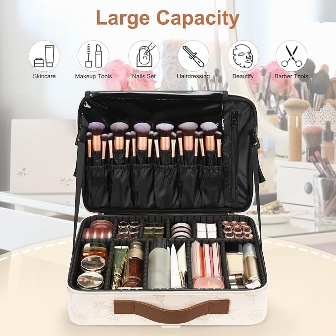 Relavel Large Makeup Case, Professional Makeup Artists Bag with Adjustable Dividers, Waterproof & Portable Train Case Storage Organizer Box with Shoulder Strap