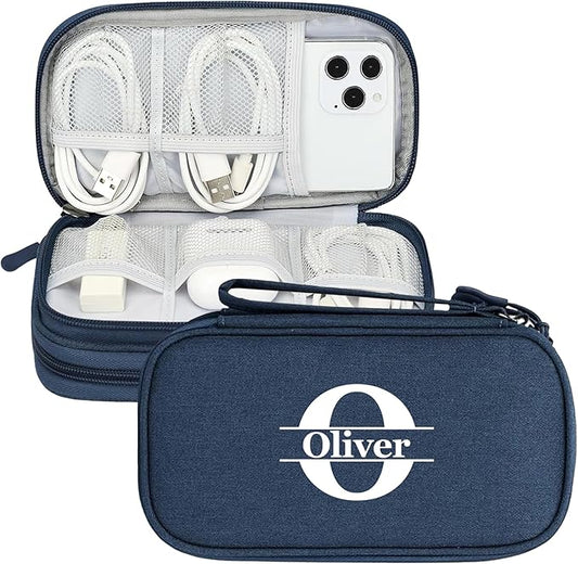 Personalized Electronics Organizer Travel Case Navy – Custom Name Compact Cable Storage Bag for Chargers, Cords, USB Flash Drives, Waterproof Tech Pouch for Travel, Business, Daily Organizer - Navy