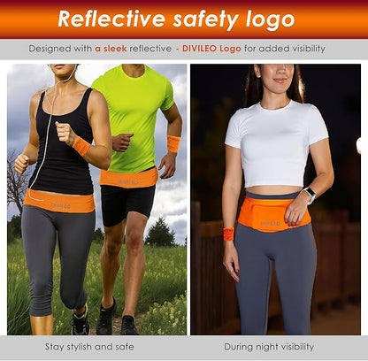 Reflective Running Belt Set – Sweat-Resistant Fanny Pack for Women & Men with Sweatband & Wristband – Phone Holder Waist Pouch for Gym, Travel, Marathon – S/M/L Sizes (Orange, Small)