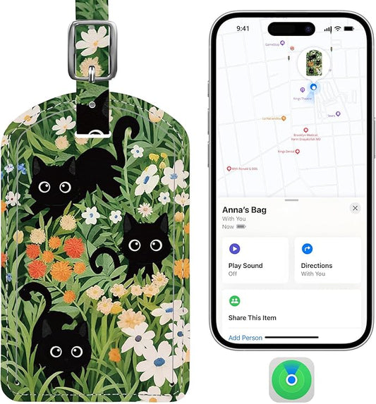 Luggage Tags Built-in Anti-Loss Tracker, Luxury Leather Luggage Tags for Suitcase, Travel Bags, Backpacks, Travel Organizer for Lost Baggage Prevention (Prairie Cat)