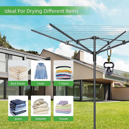 Outdoor Umbrella Clothes Drying Rack,Rotary Clothesline Adjustable Height Drying Rack Clothing 4 Arms 12 Lines with 165 Feet Drying Space,Steel Frame Laundry Drying Rack with Ground Spike for Backyard