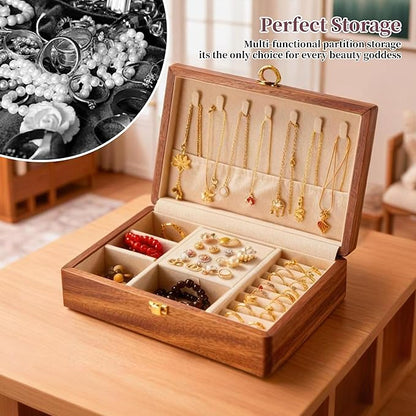 Travel Jewelry Case Small Wood Jewelry Organizer Jewelry Box for Women (Nut-Brown Print A)