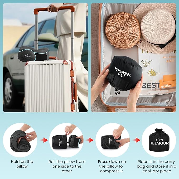 Travel Neck Pillow for Airplane -360° Support, Stocking Stuffers, Memory Foam Travel Pillows for Airplanes With Eye Mask & Earplugs, Portable Carry Bag for Long Flights/Car| Best Airplane Accessories