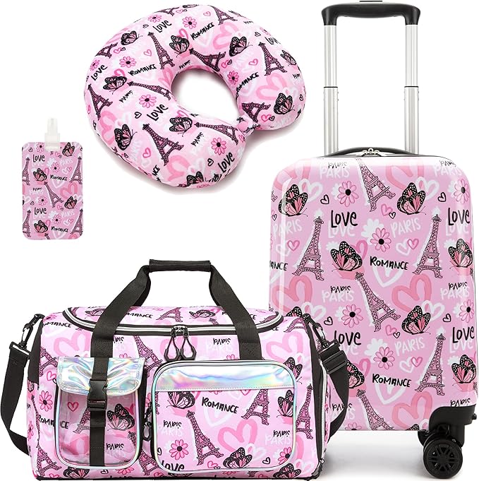 Kid's Luggage Set 3 Piece Suitcase Set 16" Hardside Luggage with Spinner Wheels Girls Carry on Toddler Travel Rolling Suitcase with Duffle Bag Neck Pillow Airline Approved