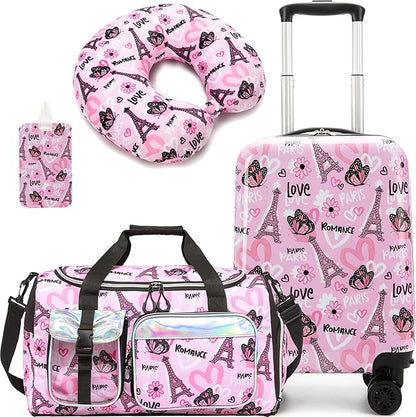 Kid's Luggage Set 3 Piece Suitcase Set 16" Hardside Luggage with Spinner Wheels Girls Carry on Toddler Travel Rolling Suitcase with Duffle Bag Neck Pillow Airline Approved