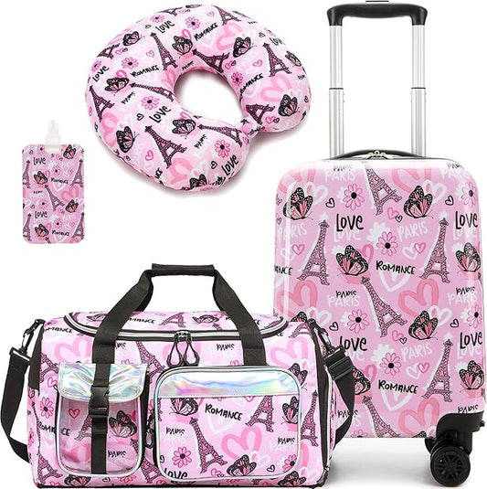 Kid's Luggage Set 3 Piece Suitcase Set 16" Hardside Luggage with Spinner Wheels Girls Carry on Toddler Travel Rolling Suitcase with Duffle Bag Neck Pillow Airline Approved