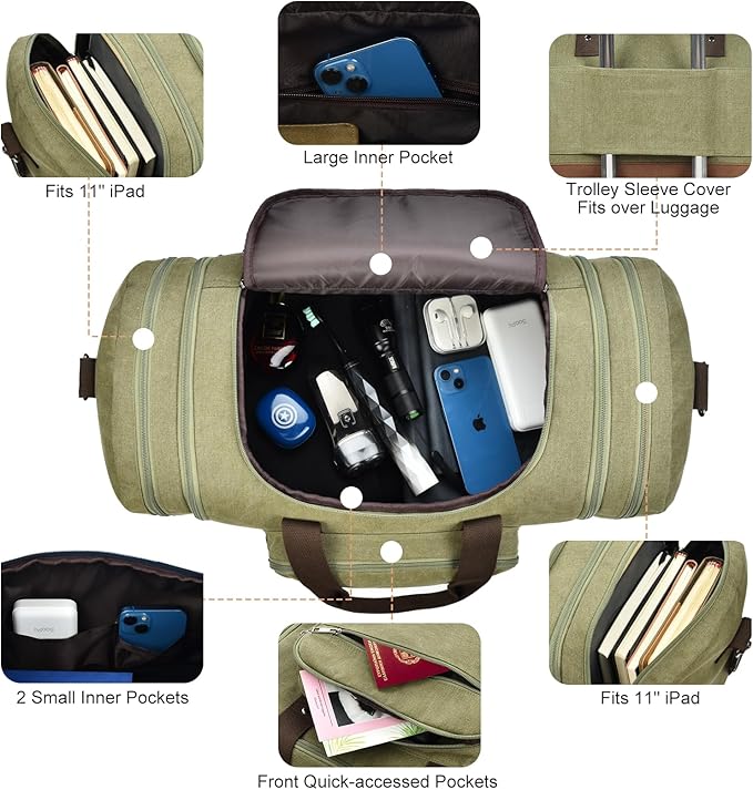Litvyak Duffle Bag for Travel, Canvas Travel Duffel Bags Overnight Weekend Gym Carry On Luggage Bag for Men & Women (Army Green+Toiletry Bag, 50L)