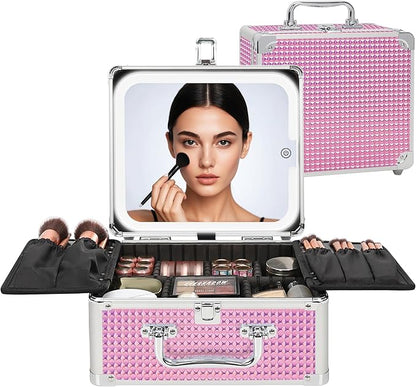 Relavel Makeup Bag with LED Mirror, Makeup Box Travel Train Case with Rechargeable Lighted Mirror, Cosmetic Brush Organizer Storage for Makeup Artists Gifts for Women and Girls, Pink