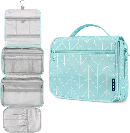 PAVILIA Hanging Toiletry Bag Women Men, Foldable Cosmetic Organizer Travel Bag, Water Resistant Makeup Bag Toiletries, Large Travel Essentials Kit (Teal Chevron)