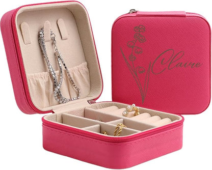 Personalized Leather Jewelry Box with Name and Birth Flower Month - Custom Jewelry Travel Case for Women, Mom, Nana, Children - Custom Name and Birth Flower Month Jewelry Organizer Box (Dark Pink)