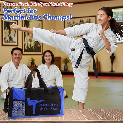 KishKesh Personalized Kids Sports Duffel Bag – Ideal for Martial Arts, Gym, Travel, Training & Workout for Female – Durable, Costumizable Name & Text – Blue, 18" x 10" x 8"