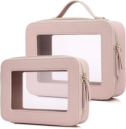 Pinkmik Clear Makeup Bag for Women Waterproof Travel Cosmetics and Toiletries Case Portable Makeup Oaganizer Bag Clear Car Bag with Zipper (Pink, M+L)