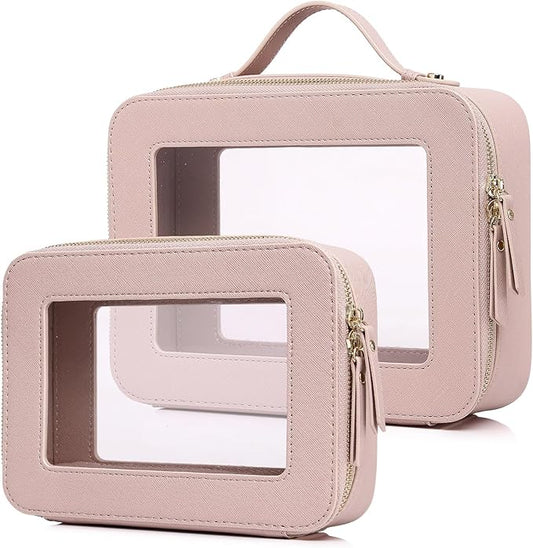 Pinkmik Clear Makeup Bag for Women Waterproof Travel Cosmetics and Toiletries Case Portable Makeup Oaganizer Bag Clear Car Bag with Zipper (Pink, M+L)