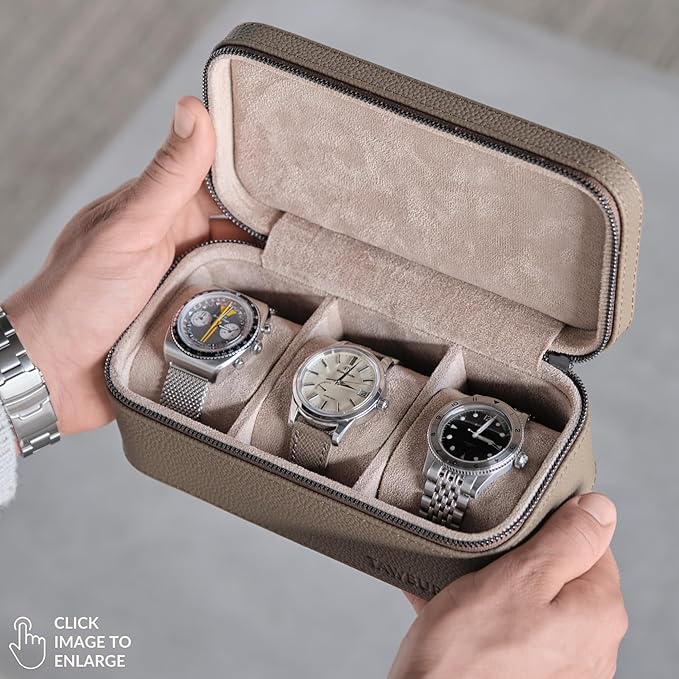 TAWBURY Luxury Leather Watch Box Unisex – Mens Travel Watch Case Zipper Closure | Taupe Top-Grain Genuine Leather Watch Travel Roll | Real Leather Watch Boxes for Men Travel | 3 Watch Carrying Case