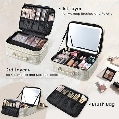 Makeup Bag with LED Lighted Mirror 12.2 IN Travel Double Layer Makeup Case Adjustable Brightness in 3 Colors Cosmetic Organizer Artist Storage with Dividers Brush Holder Vanity Beige