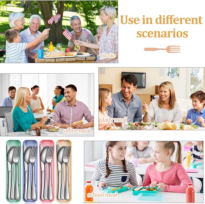 Yinkin 4 Pack Portable Travel Utensils Set with Case Reusable Stainless Steel Silverware Flatware Camping Cutlery Include Fork Spoon Knife for Work School Dishwasher Safe(Blue, Beige, Green, Pink)