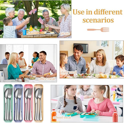 Yinkin 4 Pack Portable Travel Utensils Set with Case Reusable Stainless Steel Silverware Flatware Camping Cutlery Include Fork Spoon Knife for Work School Dishwasher Safe(Blue, Beige, Green, Pink)