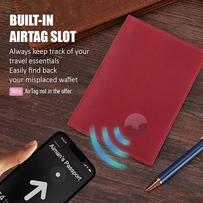 STAR VISTA Albatross Leather Travel Passport Holder, Minimalist Design, Full Grain Leather Case for Women and Men - Slim Passport Wallet, Bifold, RFID Blocking, with AirTag Holder, Crimson Red