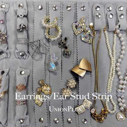 UnionPlus Velvet Travel Jewelry Roll Bag Organizer for Necklaces Bracelets Earrings Rings, Black and Grey