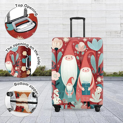 Christmas Gnome Luggage Cover - Red Background with Santa's Helpers, Trees and Snowmen, Elastic Holiday Travel Case for 28 30 Inch Bag