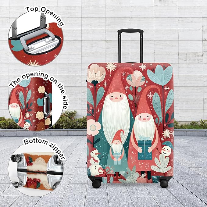 Christmas Gnome Luggage Cover - Red Background with Santa's Helpers, Trees and Snowmen, Elastic Holiday Travel Case for 32 34 Inch Bag
