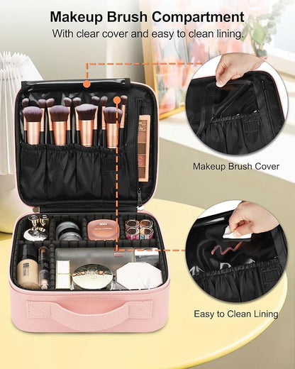 Relavel Travel Makeup Train Case Cosmetic Case Organizer Portable Artist Storage Bag with Adjustable Dividers for Cosmetics Makeup Brushes Toiletry Jewelry Digital Accessories (Pink)