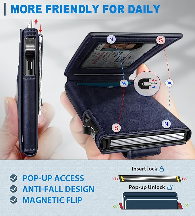 Airtag Wallet for Men,with Money Clip Gift Boxed,Slim Front Pocket Wallet RFID Blocking Metal Case Smart Pop-up Credit Card Holder in Magnetic Leather Flip