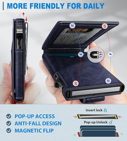 Airtag Wallet for Men,with Money Clip Gift Boxed,Slim Front Pocket Wallet RFID Blocking Metal Case Smart Pop-up Credit Card Holder in Magnetic Leather Flip