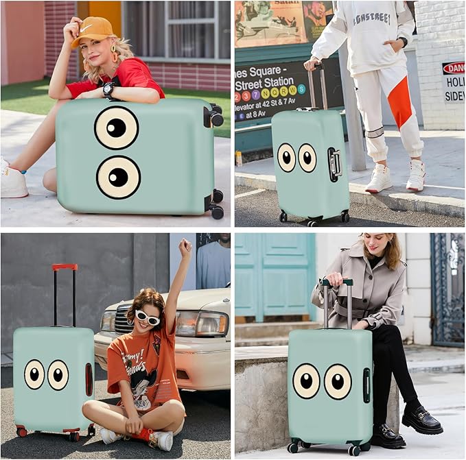ANNA QUEEN Funny Cartoon Eyes Luggage Cover, Teal Suitcase Protector with Cute Big Eyes Design, Travel Suitcase Cover for 24-26 Inch Luggage, Stretchable & Washable Spandex Travel Accessories